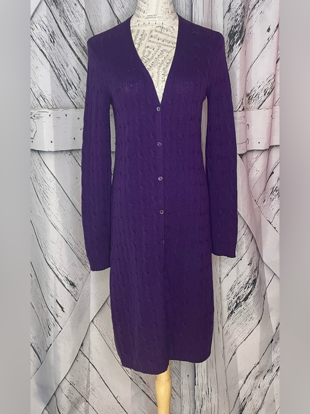 Ralph Lauren Black Label 100% Cashmere Cable Knit Cardigan Sweater Purple L
